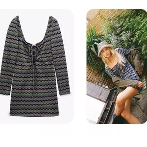 NWOT Zara Sparkle Geo Stripes Zig Zag Pattern Mini Dress S Purple Green